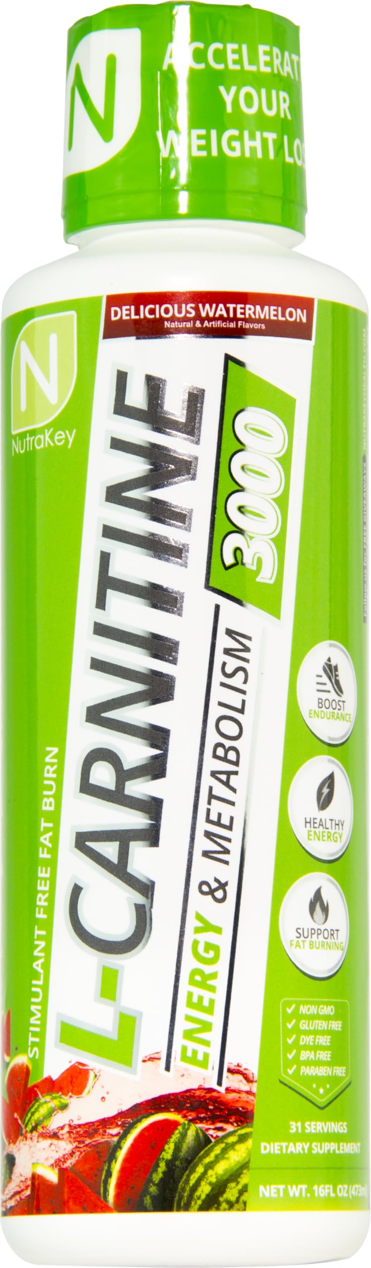NutraKey L-Carnitine 3000 Watermelon label packaging emphasizes no sugar