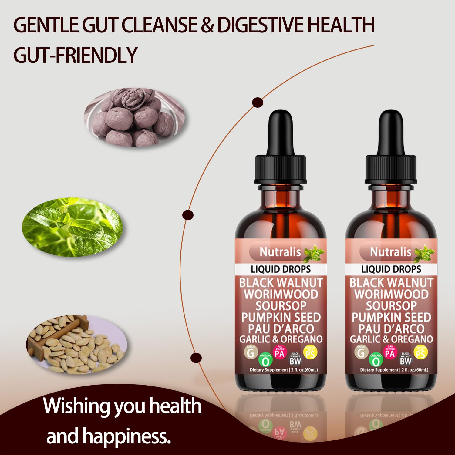 Close-up of black walnut, wormwood, and clove ingredients in Nutralis formula