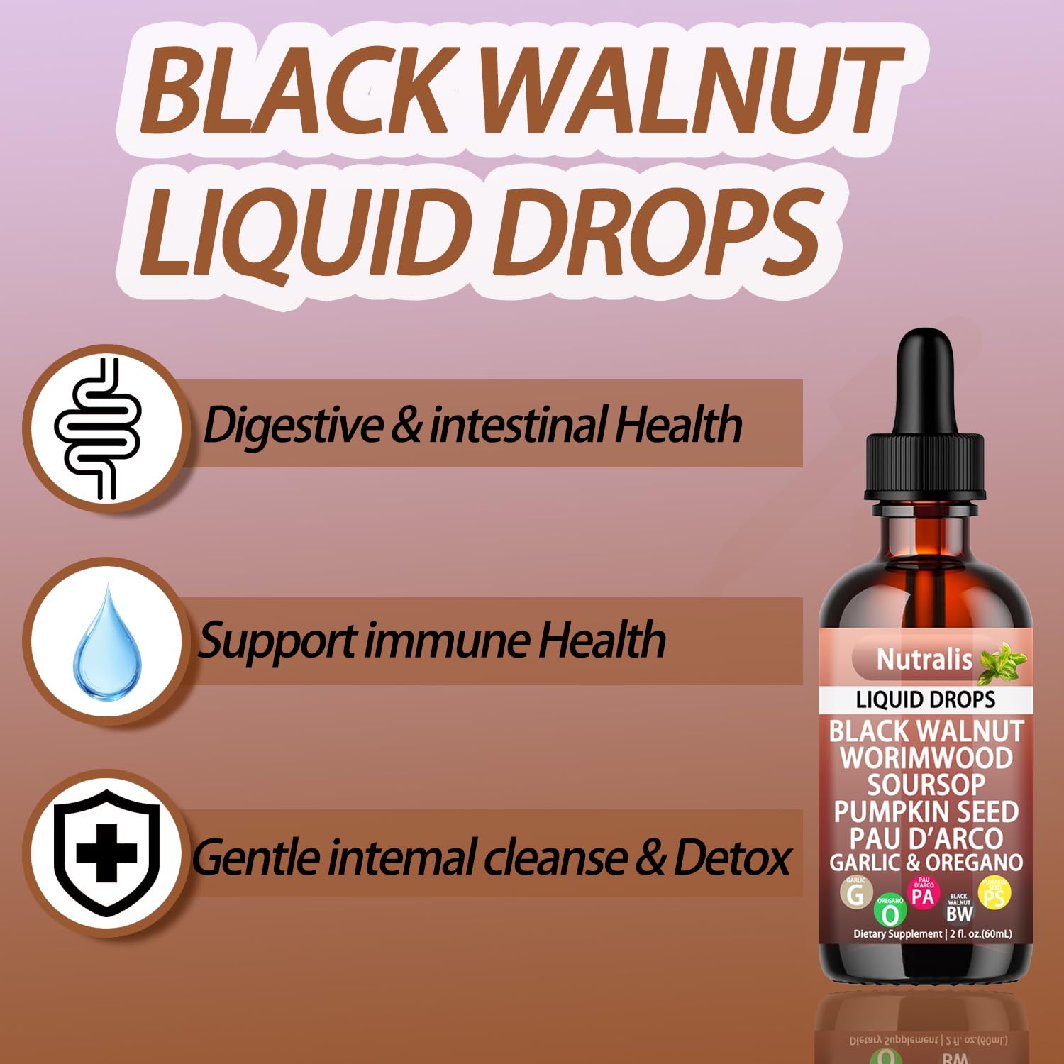 PAU D'arco, garlic, oregano oil and turmeric displayed to emphasize plant-based gut wellness