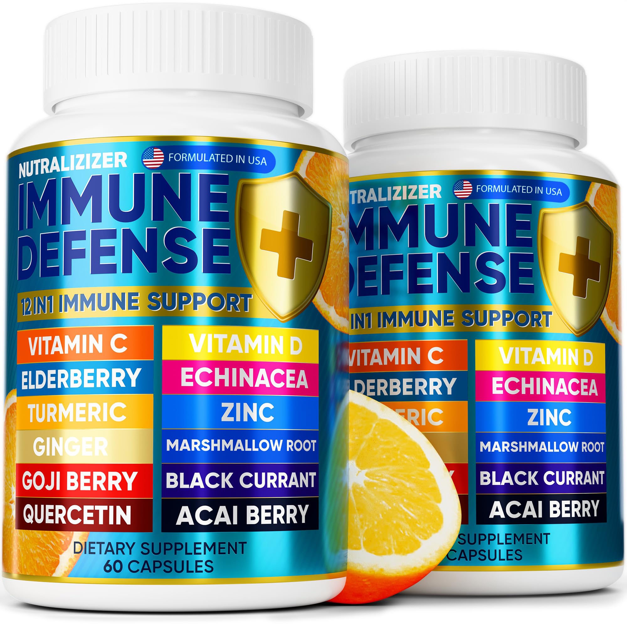 NUTRALIZIZER 12-in-1 immune defense bottle highlights the complete supplement blend for immunity.