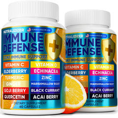 NUTRALIZIZER 12-in-1 immune defense bottle highlights the complete supplement blend for immunity.