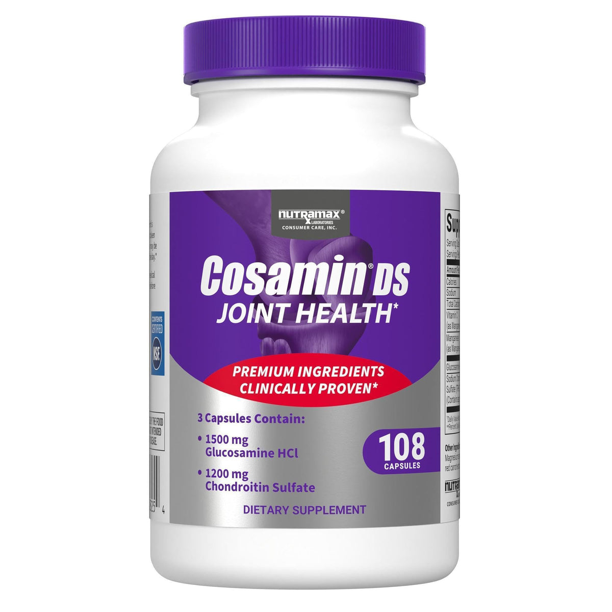 Nutramax Cosamin DS bottle label highlights joint support ingredients.