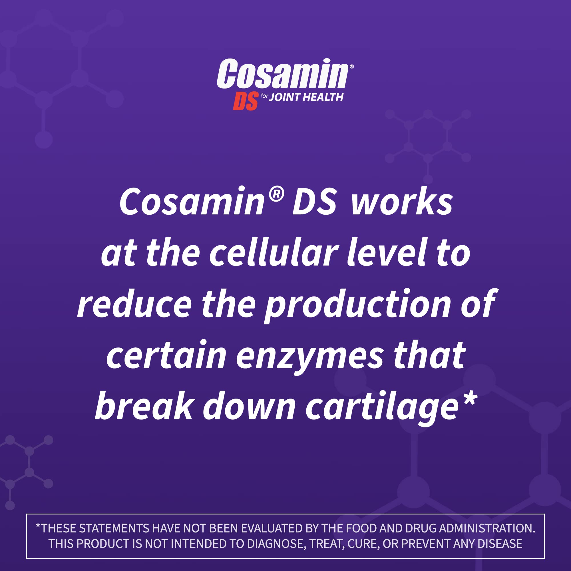 Nutramax Cosamin DS tablet facts label graphic communicates ingredients and daily use guidance.