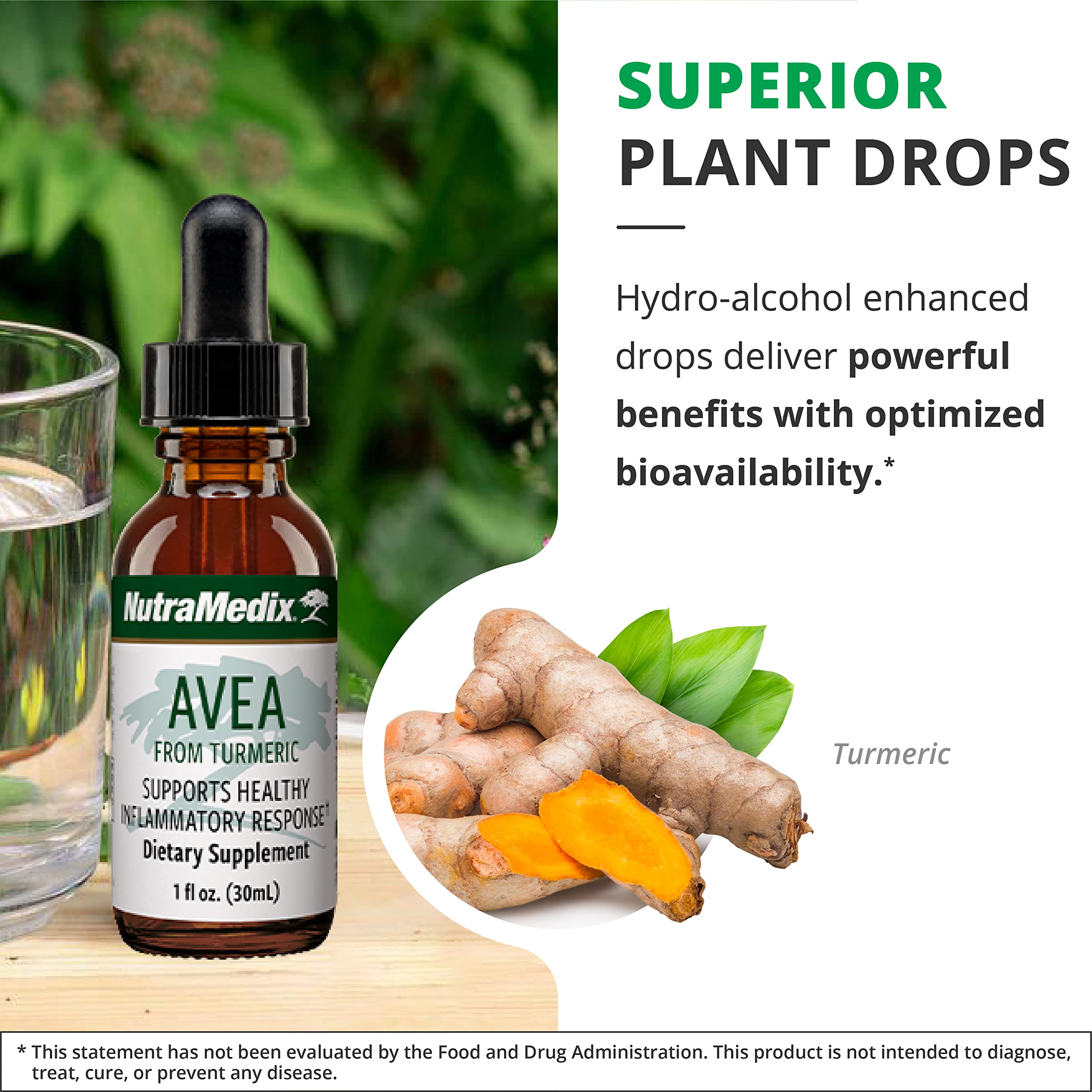 NutraMedix Avea turmeric drops in a glass of water for easy mixing.