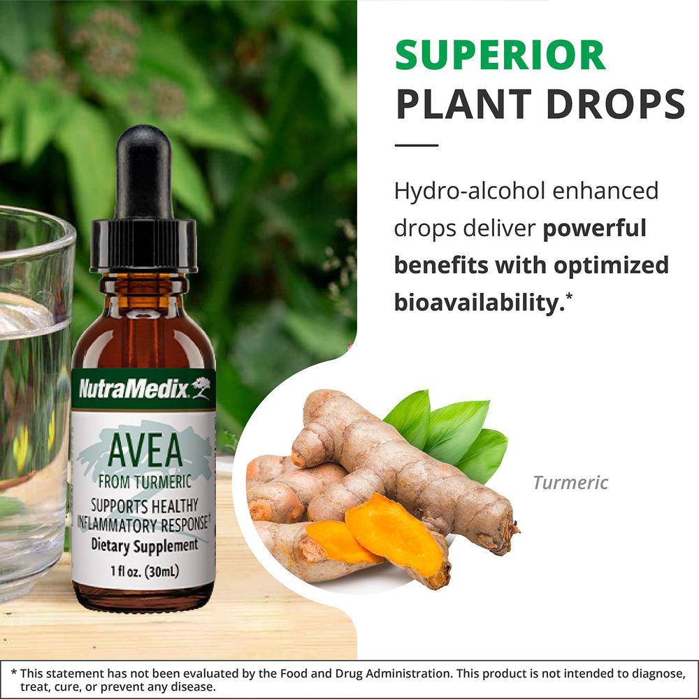 NutraMedix Avea turmeric drops in a glass of water for easy mixing.