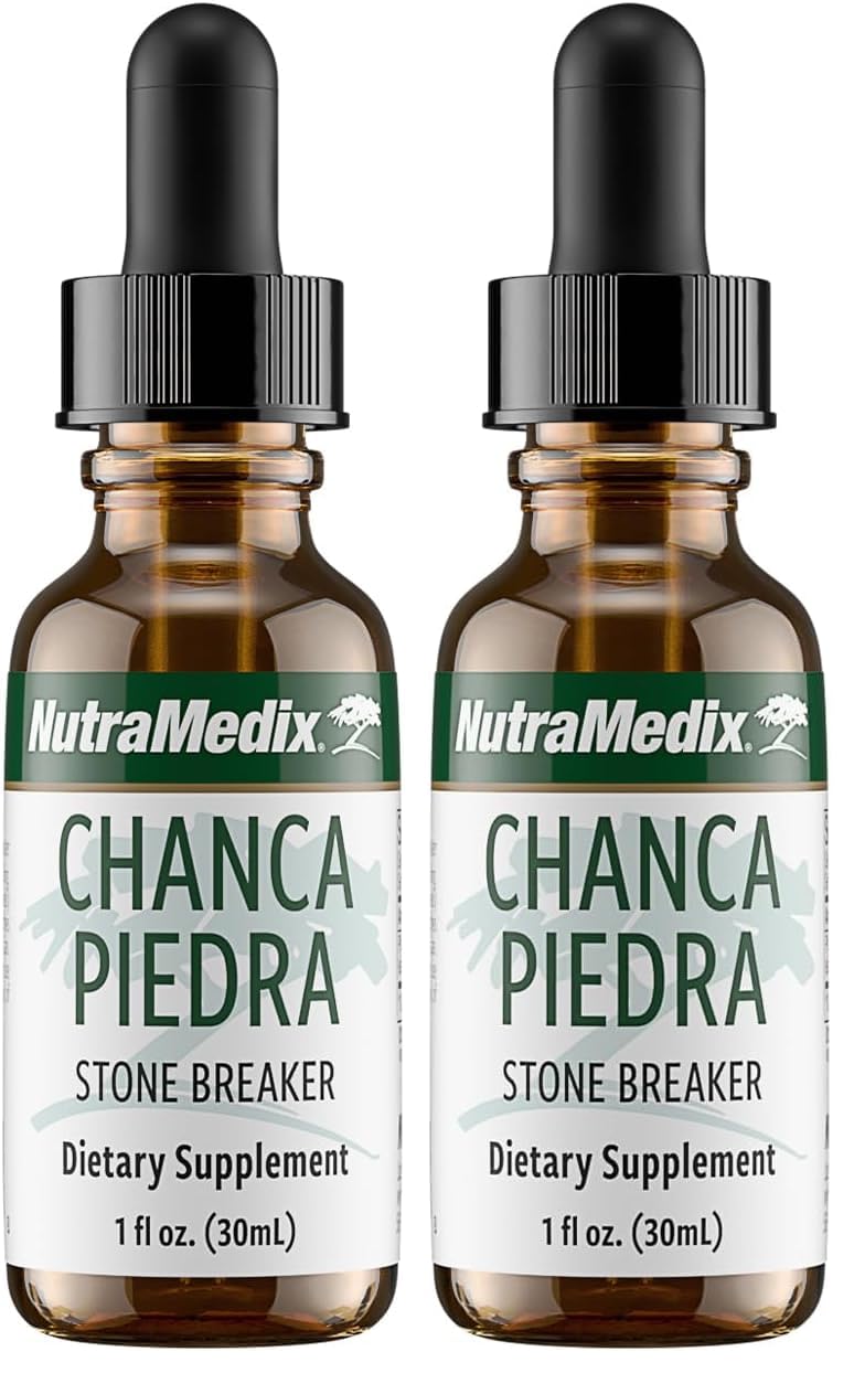 NutraMedix Chanca Piedra drops bottle pouring for daily urinary and digestive support.