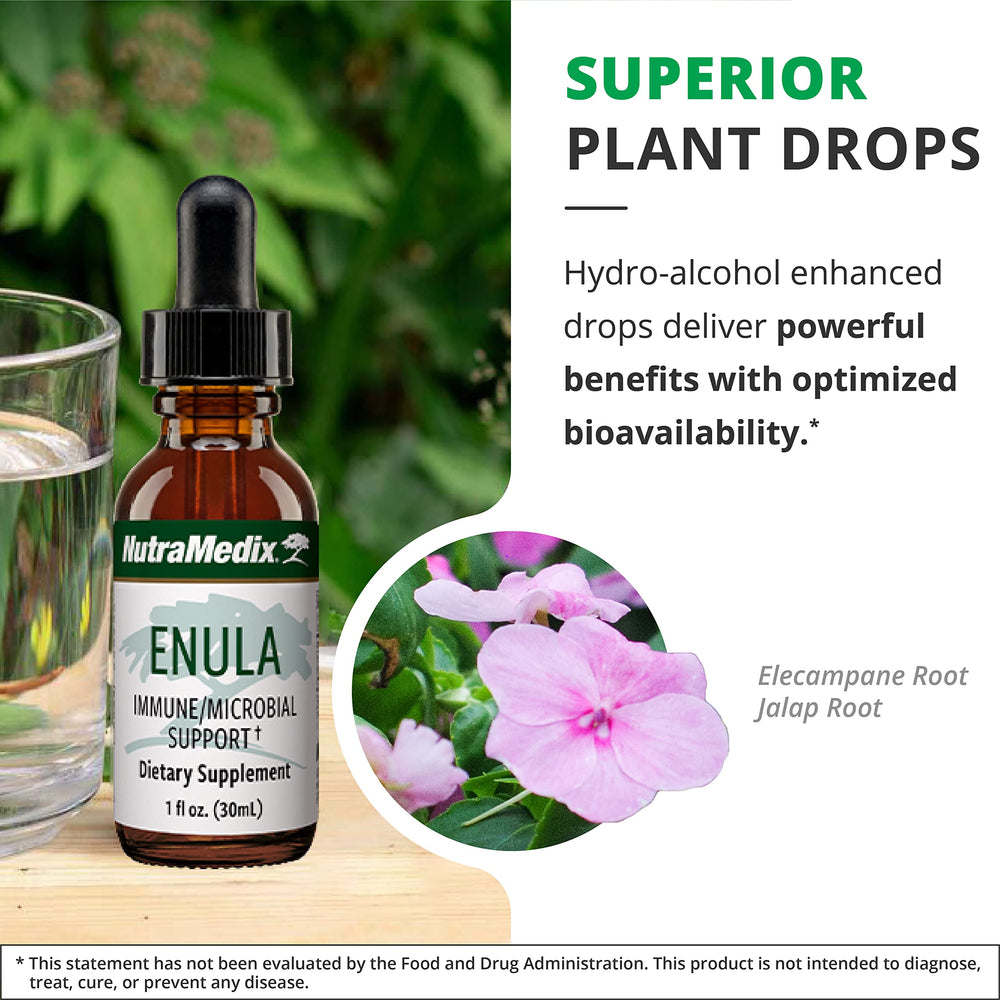 NutraMedix Enula Liquid Drops label closeup emphasizes bioavailable antioxidant blend.