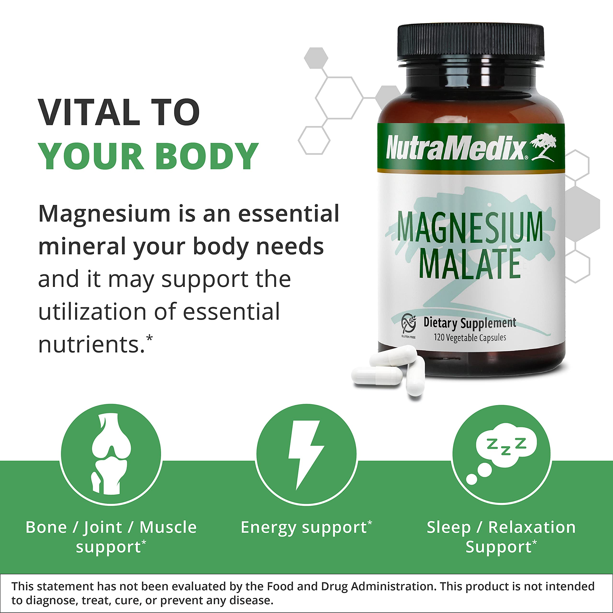 NutraMedix Magnesium Malate 120-capsule bottle is convenient for on-the-go use.