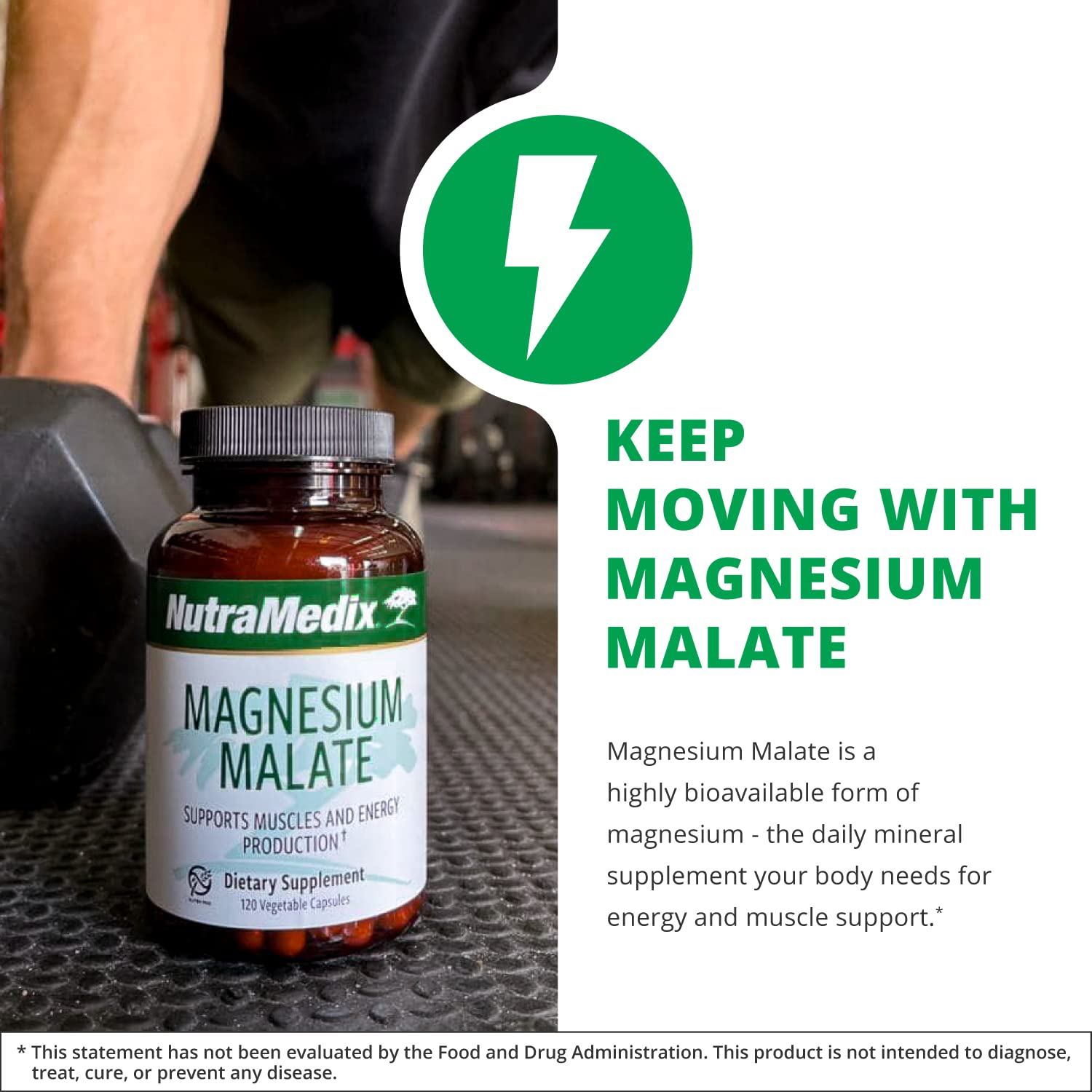 NutraMedix Magnesium Malate label highlights vegan, non-GMO, gluten-free formula.