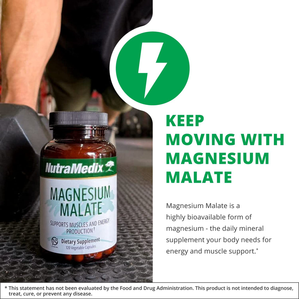 NutraMedix Magnesium Malate label highlights vegan, non-GMO, gluten-free formula.
