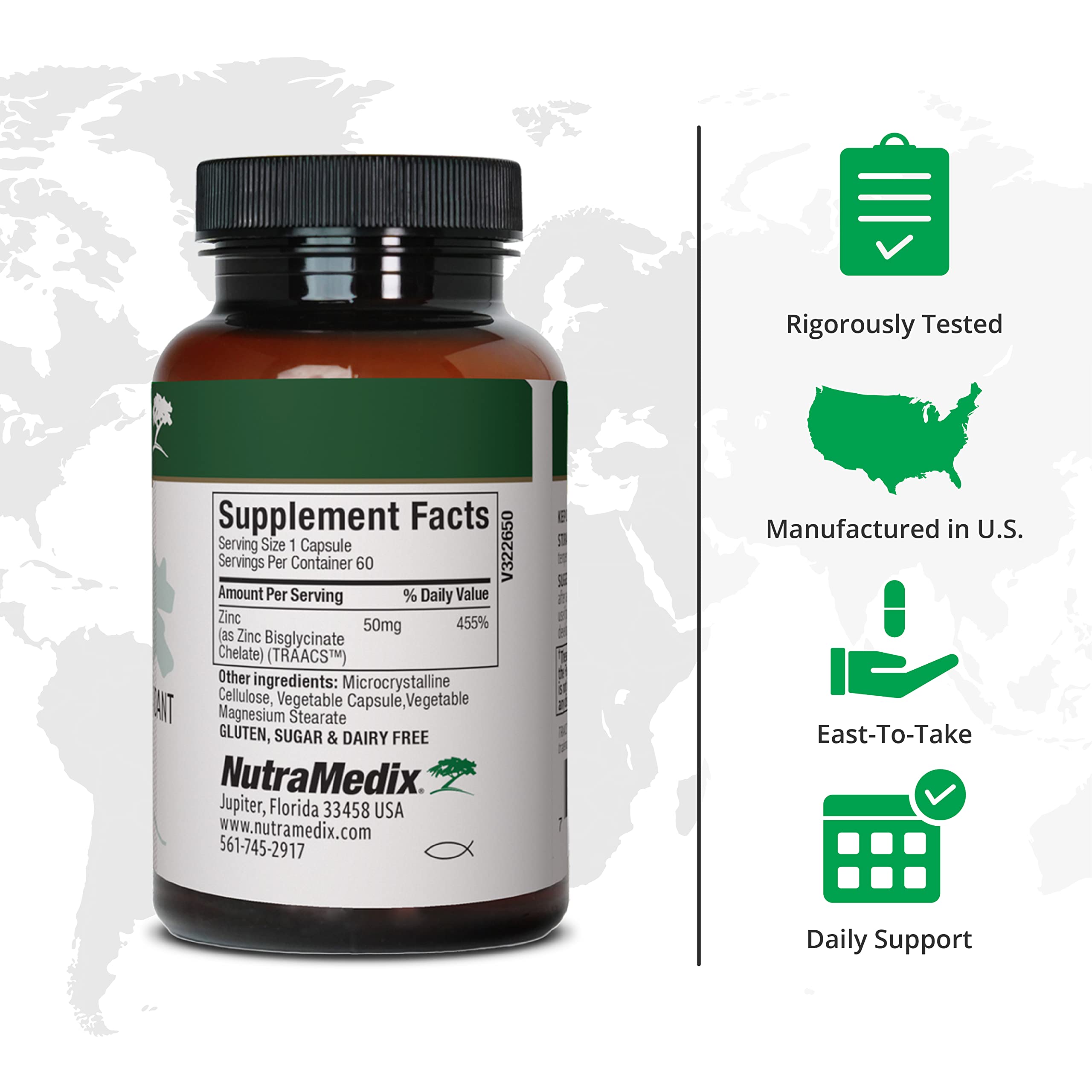 NutraMedix Zinc 50mg bottle side label highlights dosage and gentle formulation