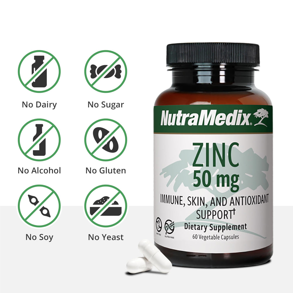 NutraMedix Zinc 50mg capsules on white background showing convenience