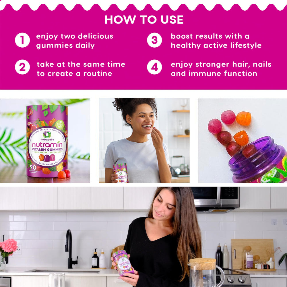 Nutracelle Nutramin daily vegan gummies ingredients panel shows plant-based nutrients