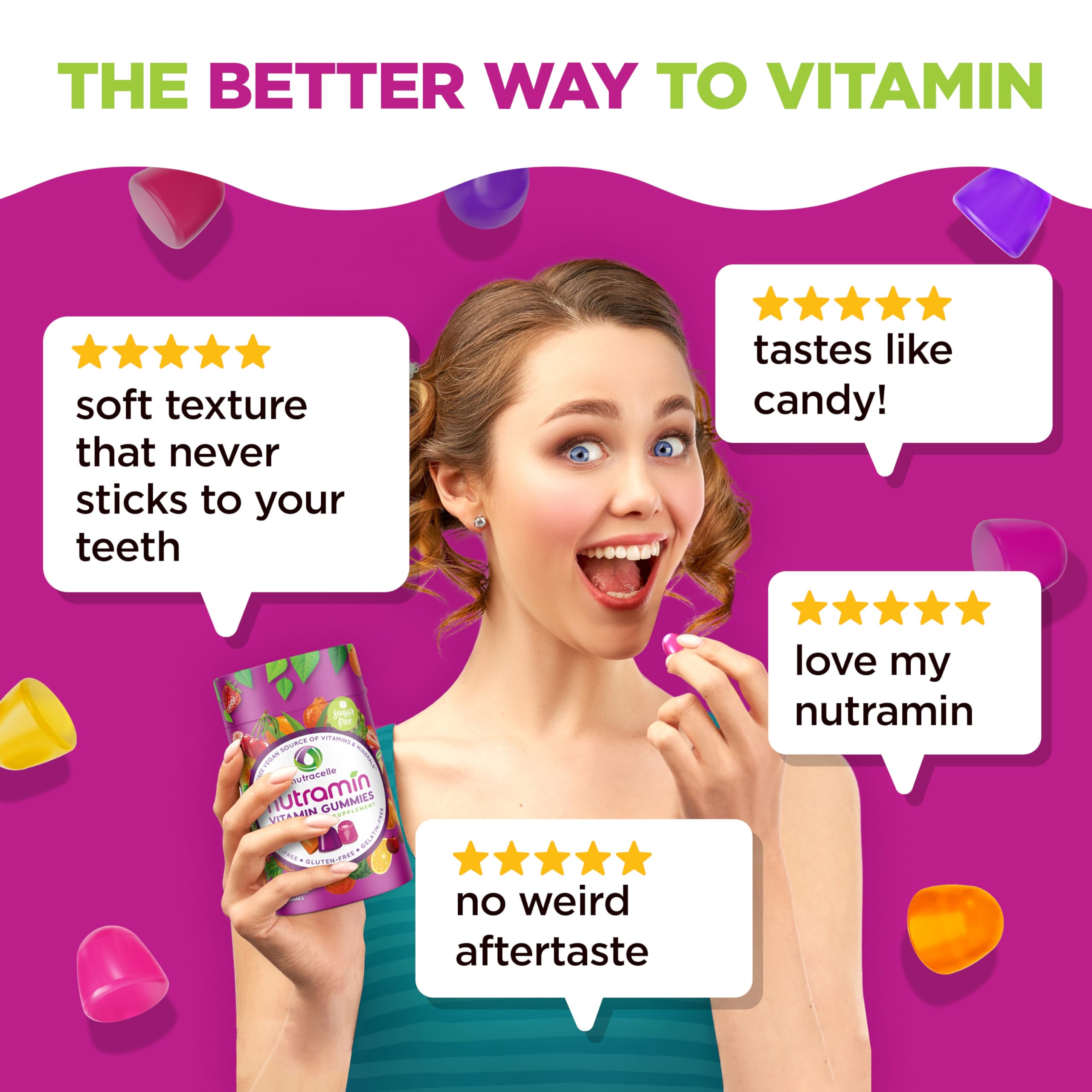 Nutracelle Nutramin daily vegan gummies non-GMO label communicates clean nutrition