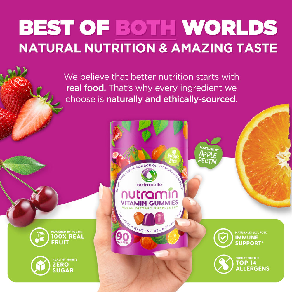 Nutracelle Nutramin daily vegan gummies strawberry flavor suggests enjoyable immune support