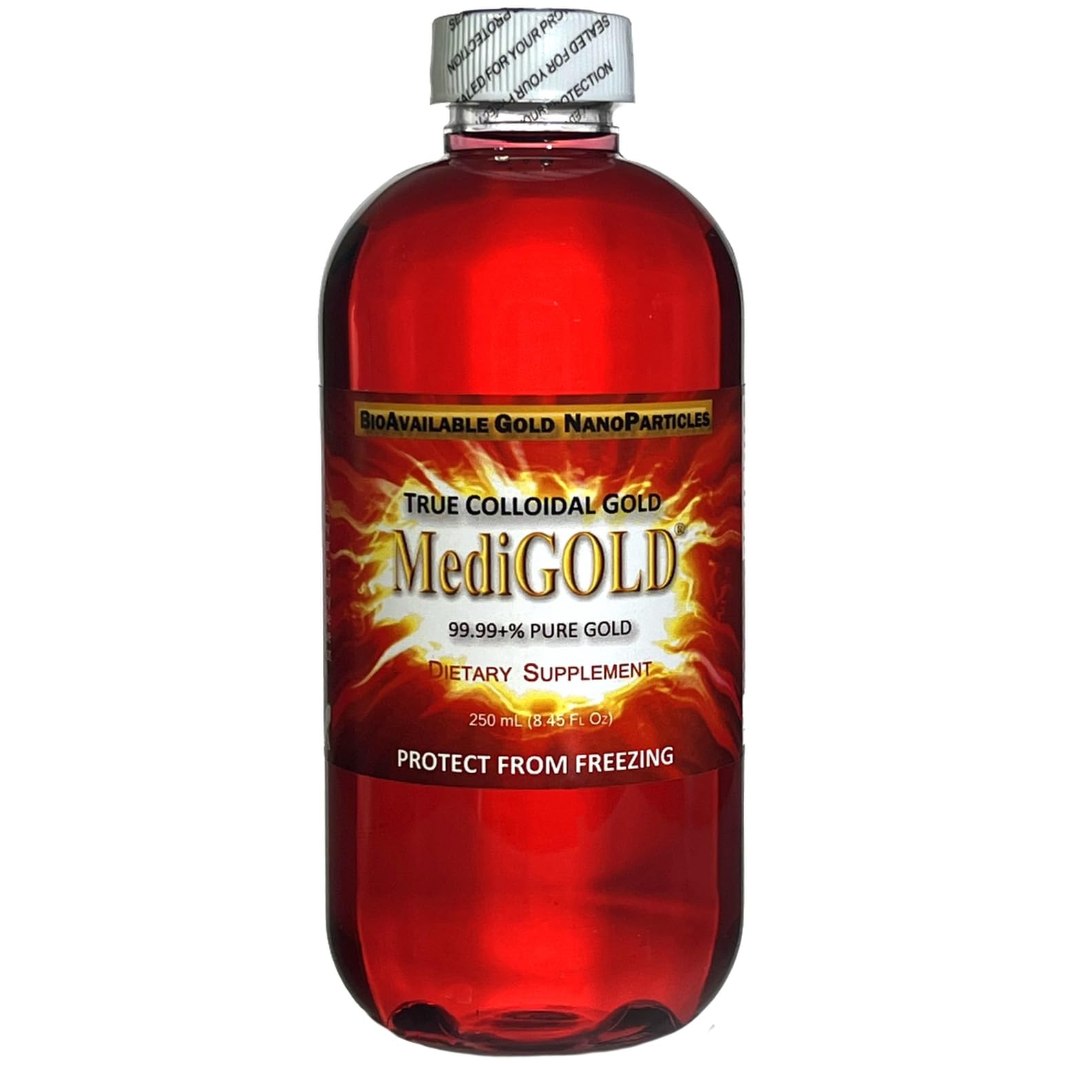 Nutraneering MediGOLD bottle front label highlights purity.
