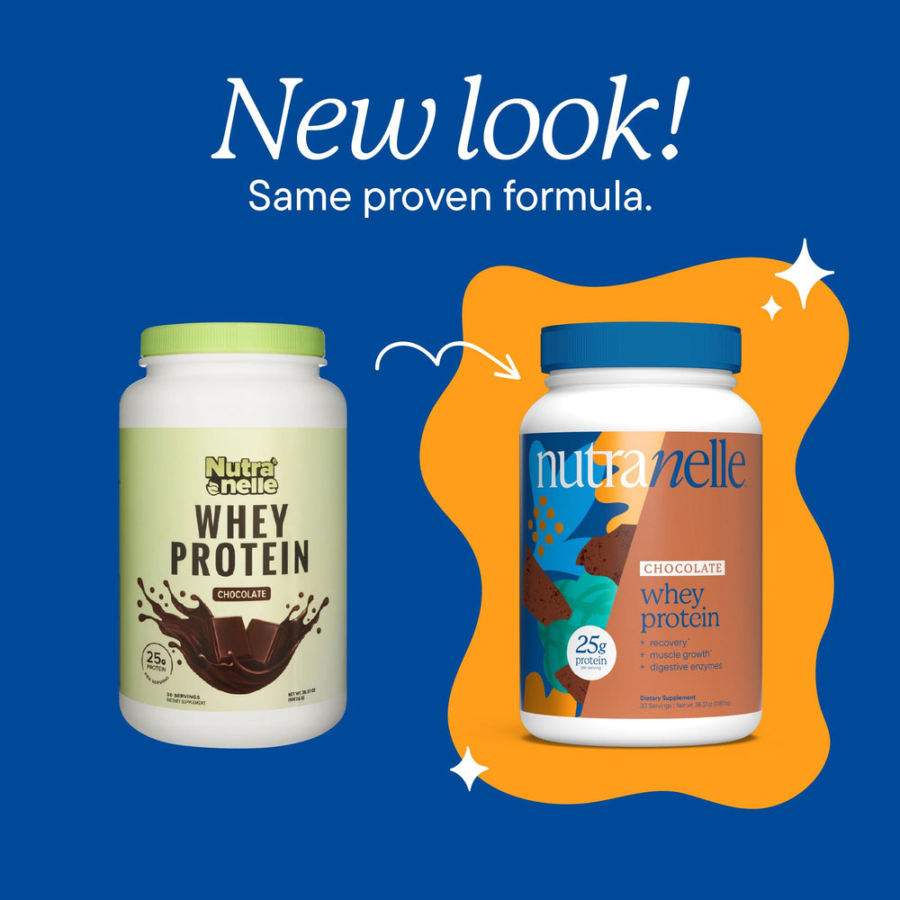 Nutranelle Chocolate Whey Protein scoop beside a glass for post-workout recovery