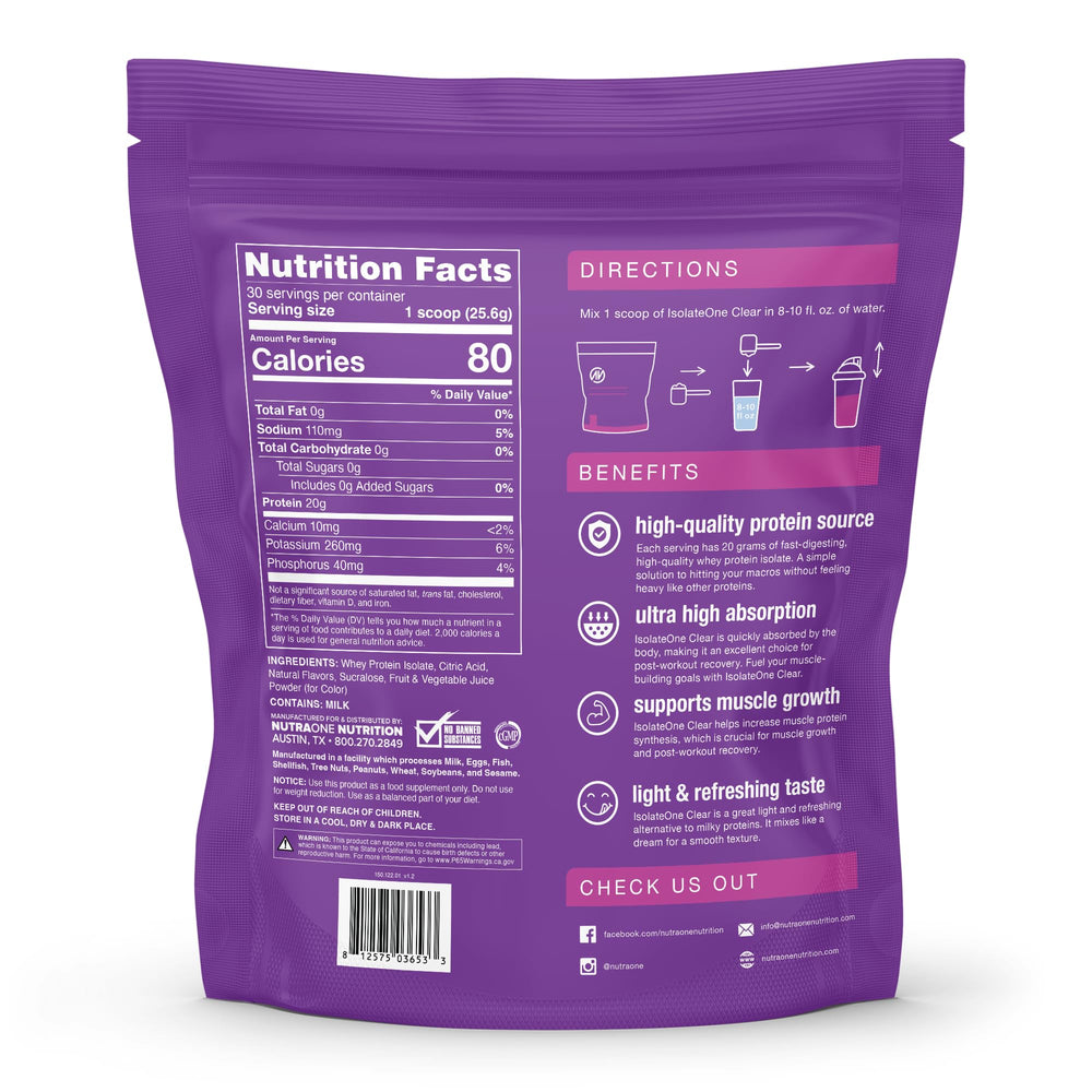 NutraOne Clear Whey glass filled with a refreshing Sour Grape drink
