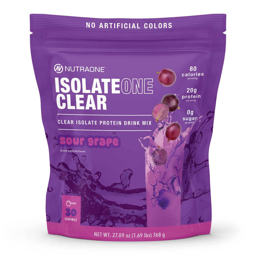 NutraOne Clear Whey label close-up showing 20g protein per serving