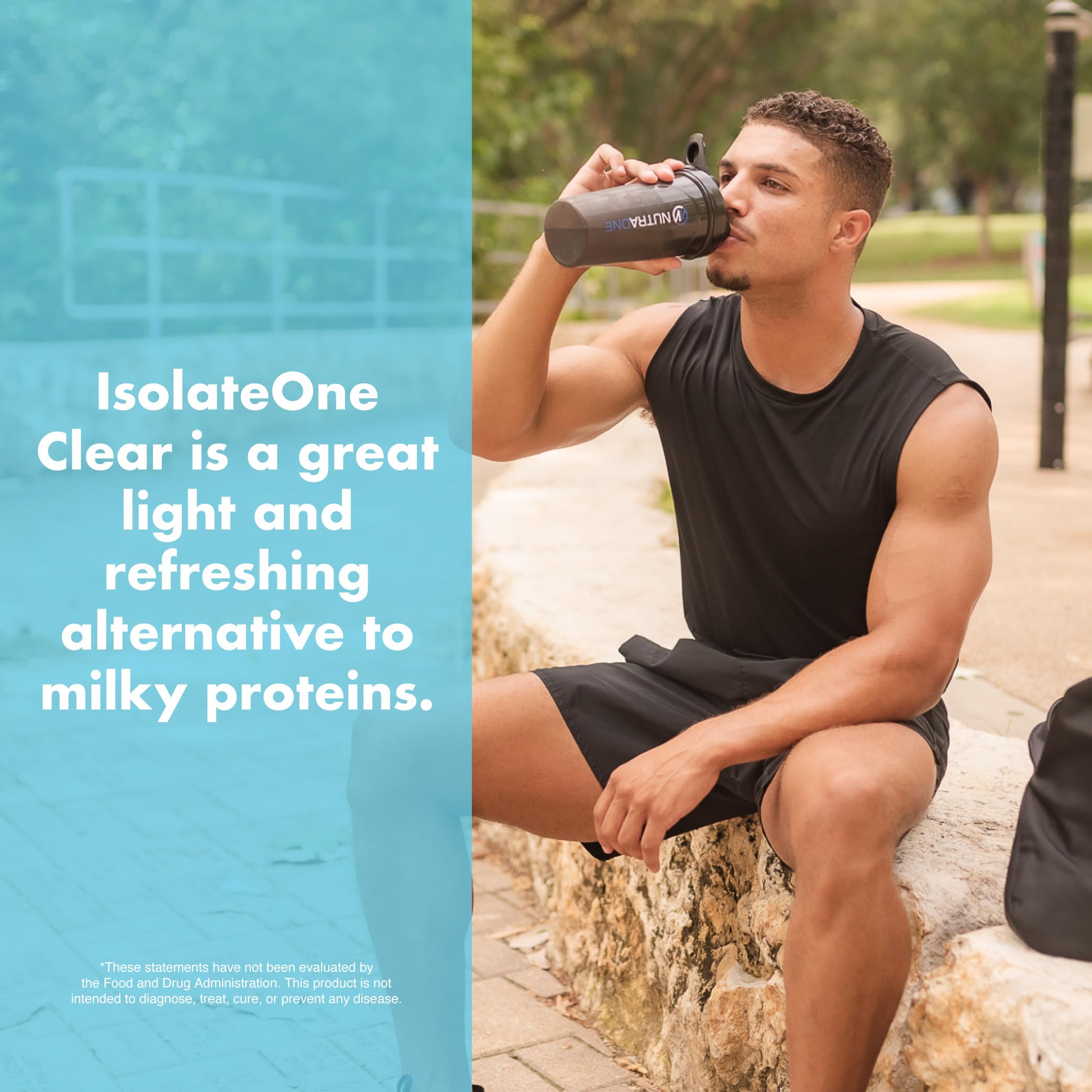 NutraOne Clear Whey mixer bottle demonstrating smooth, lump-free shake