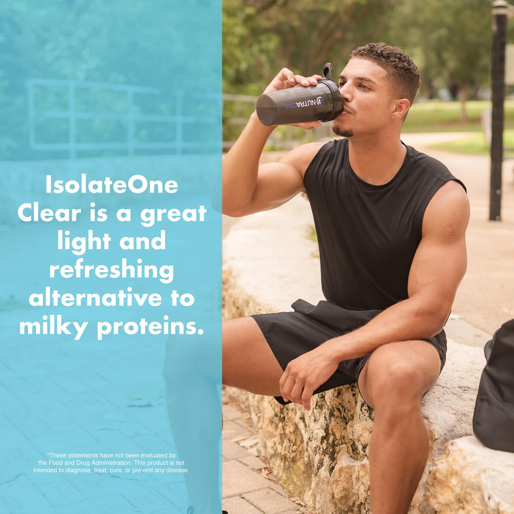 NutraOne Clear Whey mixer bottle demonstrating smooth, lump-free shake