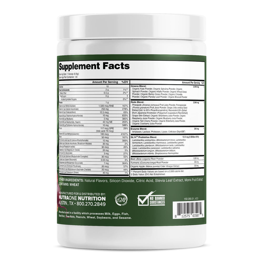 NutraOne Greens Reds Blend with scoop emphasizes convenient, mixable nutrition