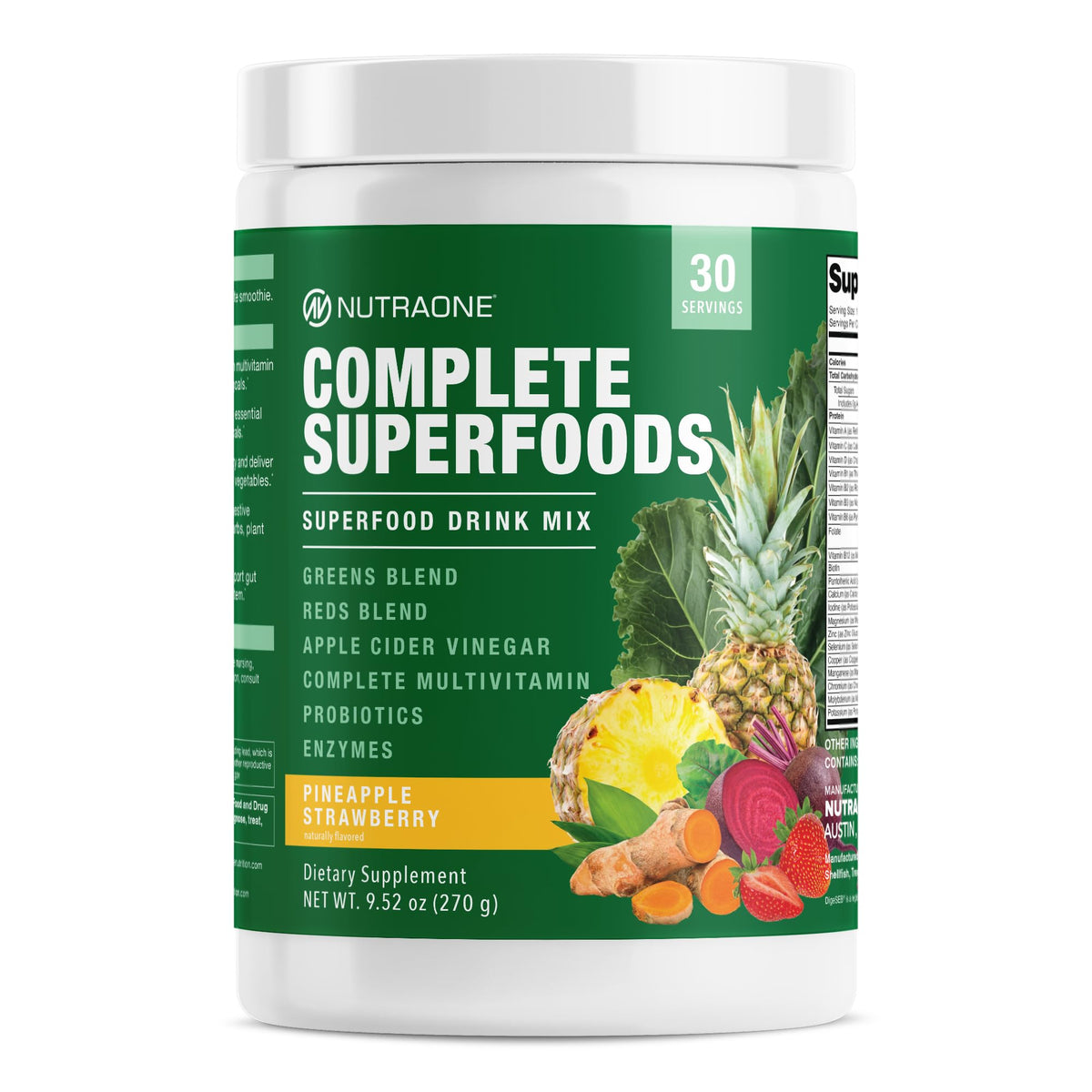 NutraOne Complete Superfoods bottle pouring into glass for daily nutrition on the go.
