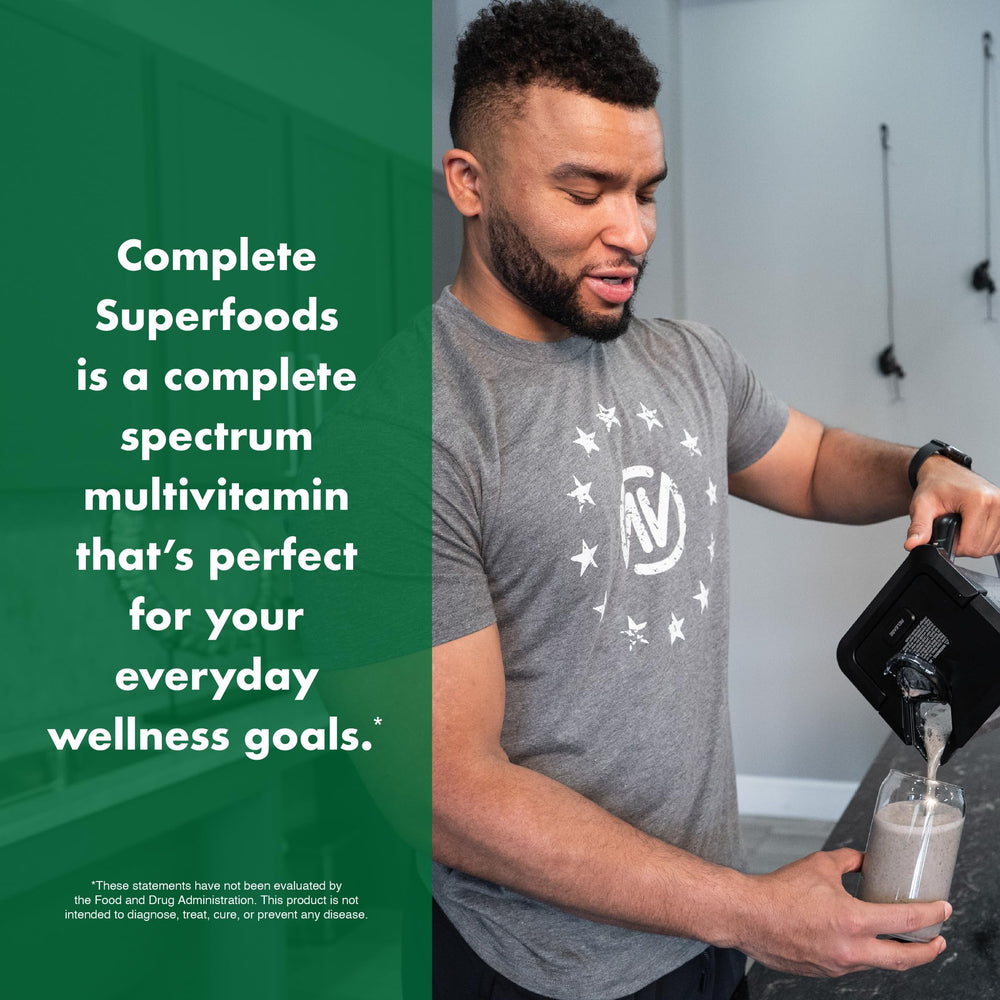 NutraOne Complete Superfoods close-up of greens and reds mix visual.