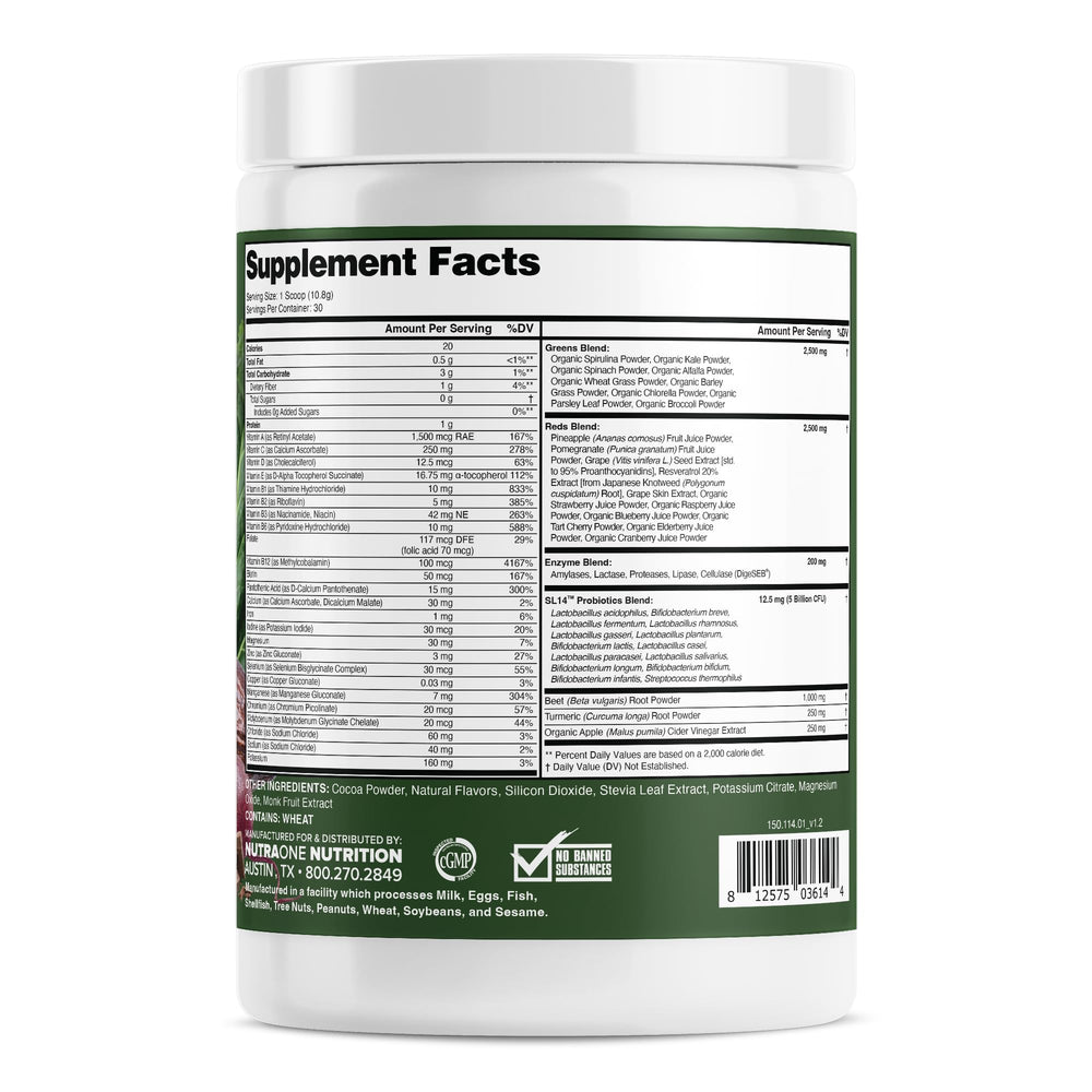 NutraOne Complete Superfoods digestive enzymes powder scoop helps support comfortable digestion.