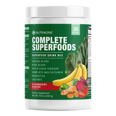 NutraOne Complete Superfoods Greens & Reds bottle with strawberry-pineapple flavor for daily wellness