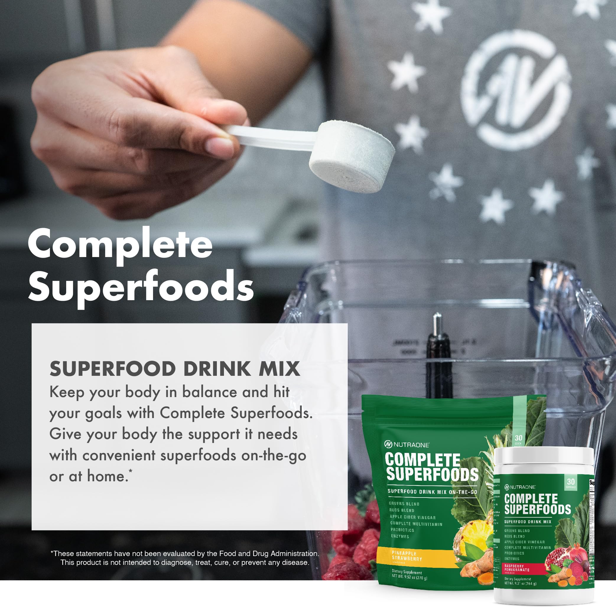 NutraOne Complete Superfoods packaging on display with canister design and label.