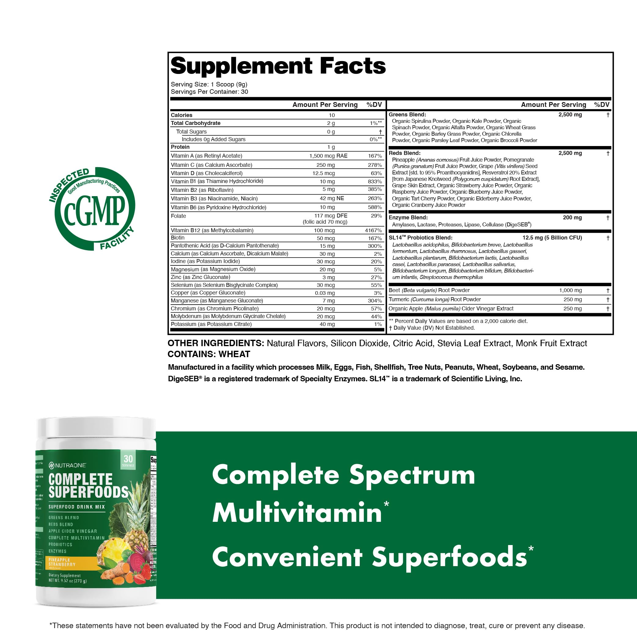 NutraOne Complete Superfoods multivitamin cap highlights essential nutrients in each serving.