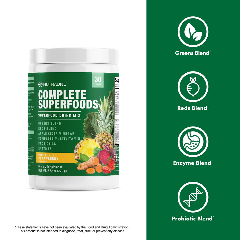 NutraOne Complete Superfoods probiotic blend promotes gut-friendly daily routines.