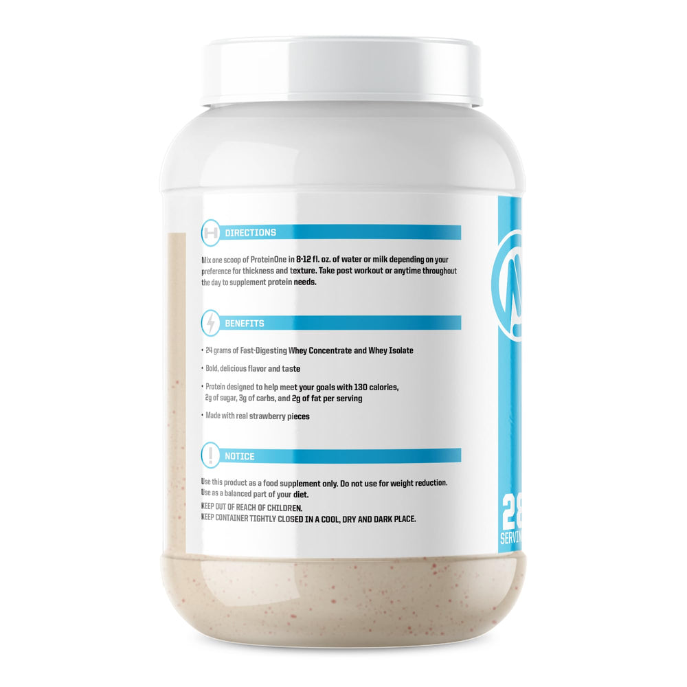 NutraOne ProteinOne bottle back label showing nutrition facts and ingredients.