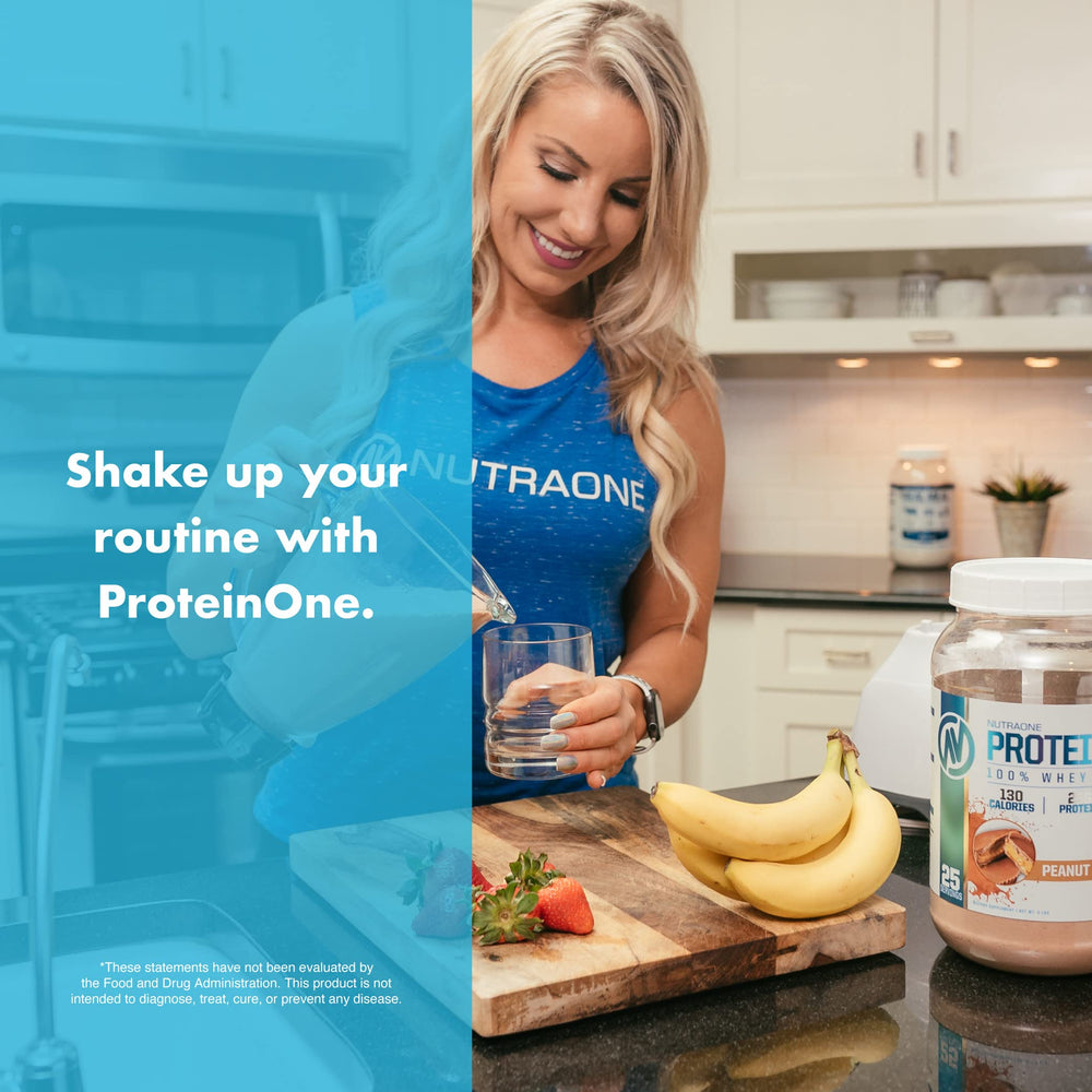 NutraOne ProteinOne ingredients panel close-up, highlighting protein source and mixability.