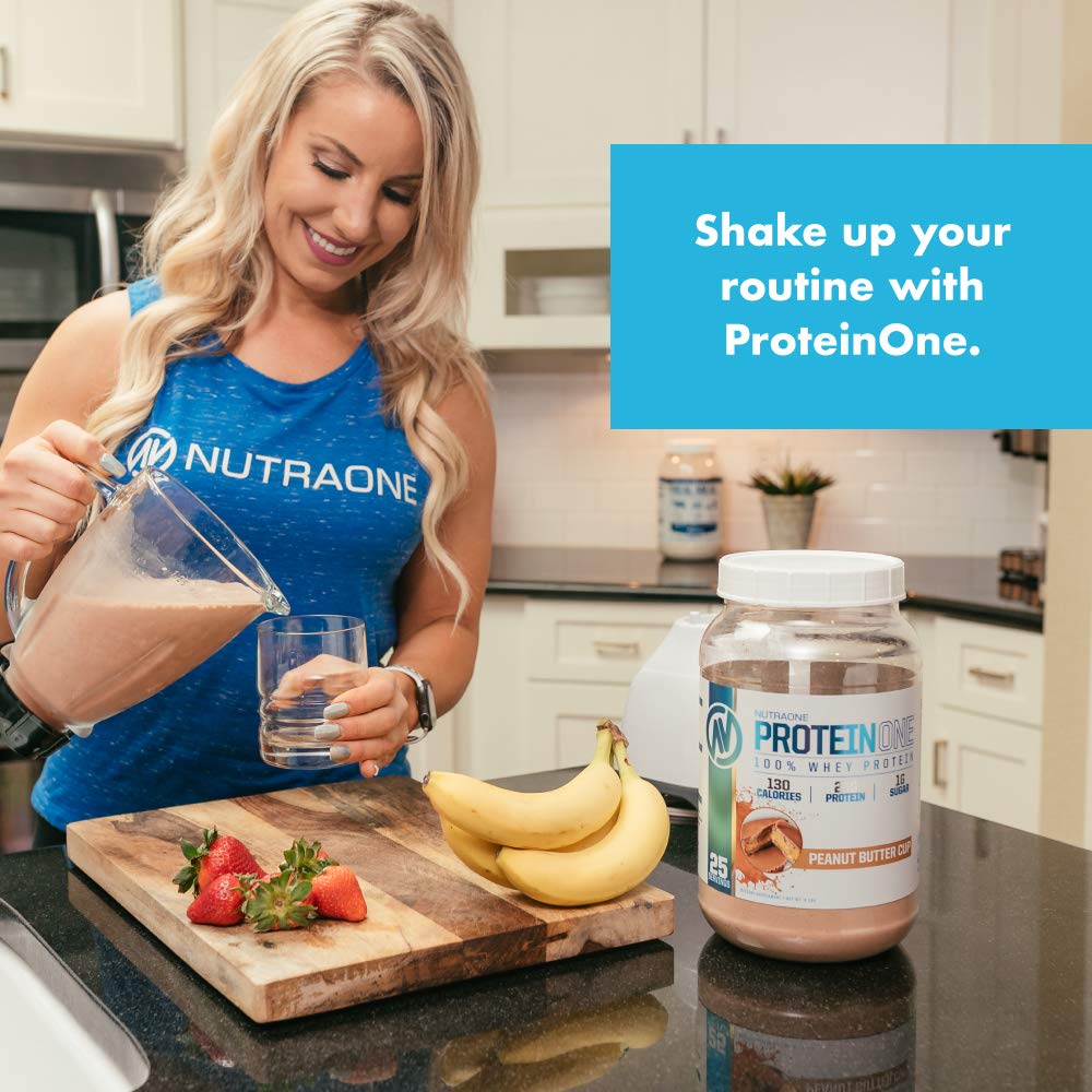 NutraOne ProteinOne measuring scoop beside cup for easy daily use.