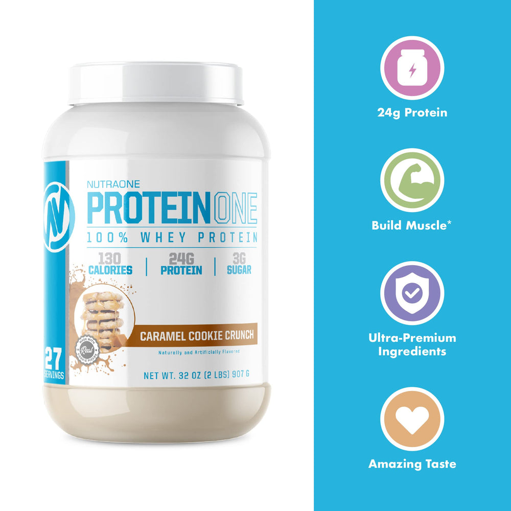 NutraOne ProteinOne bottle with micro-filtration badge signaling high quality protein.