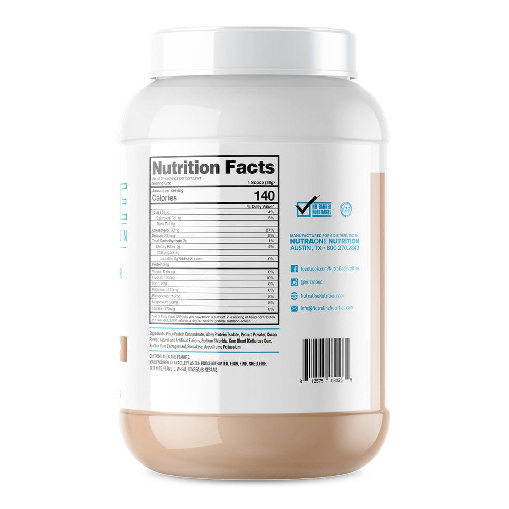 NutraOne ProteinOne scoop pouring powder into blender bottle.