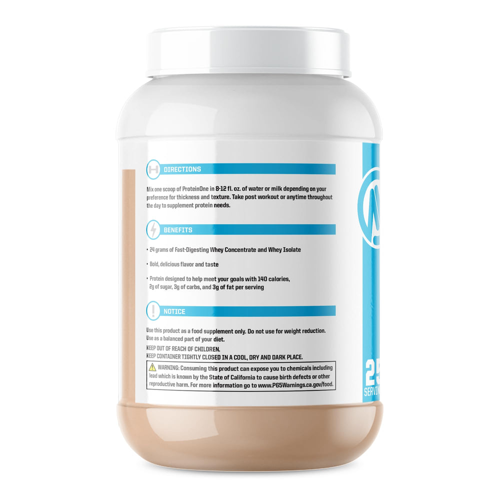 NutraOne ProteinOne shake glass with chocolate PB Cup flavor.