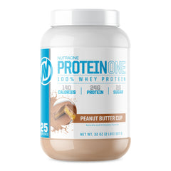 NutraOne ProteinOne whey powder tub ready for post-workout shake.