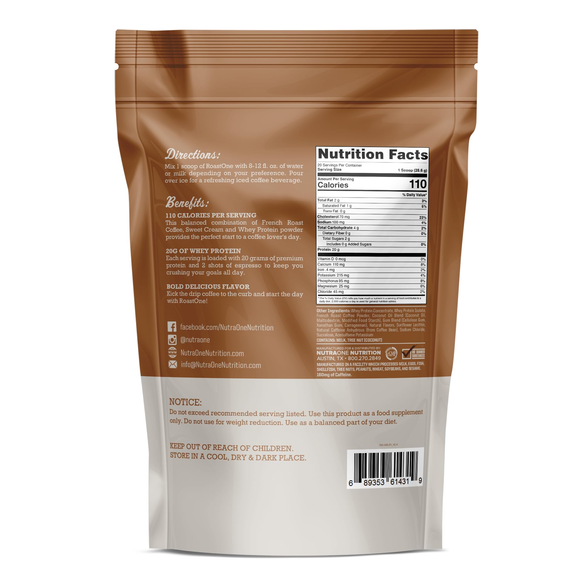 NutraOne RoastOne coffee protein powder with 160 mg caffeine for an energy-boosting coffee protein shake.