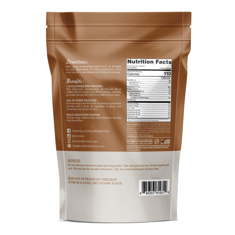 NutraOne RoastOne coffee protein powder with 160 mg caffeine for an energy-boosting coffee protein shake.