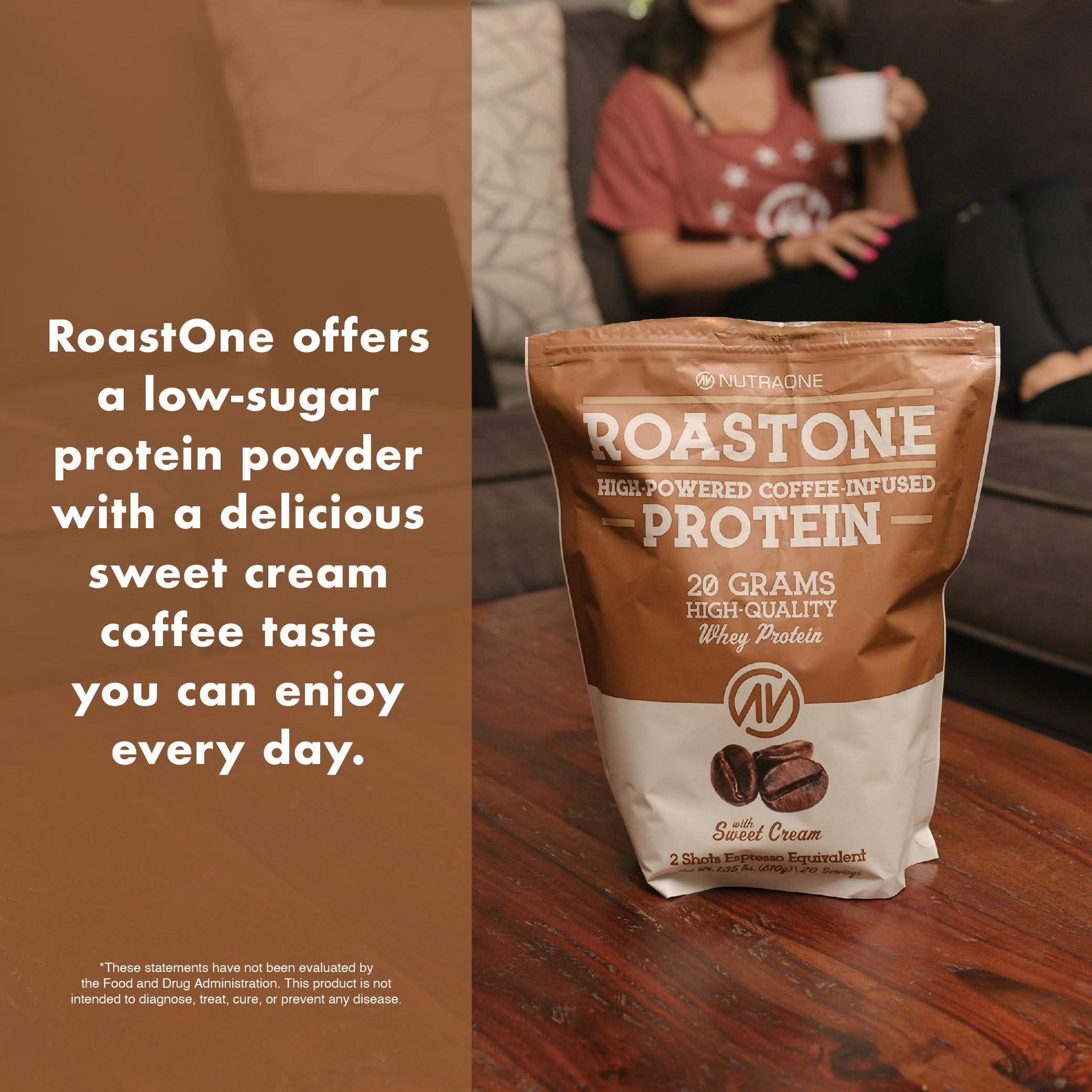 NutraOne RoastOne whey-coffee blend supports energy and lean muscle goals.