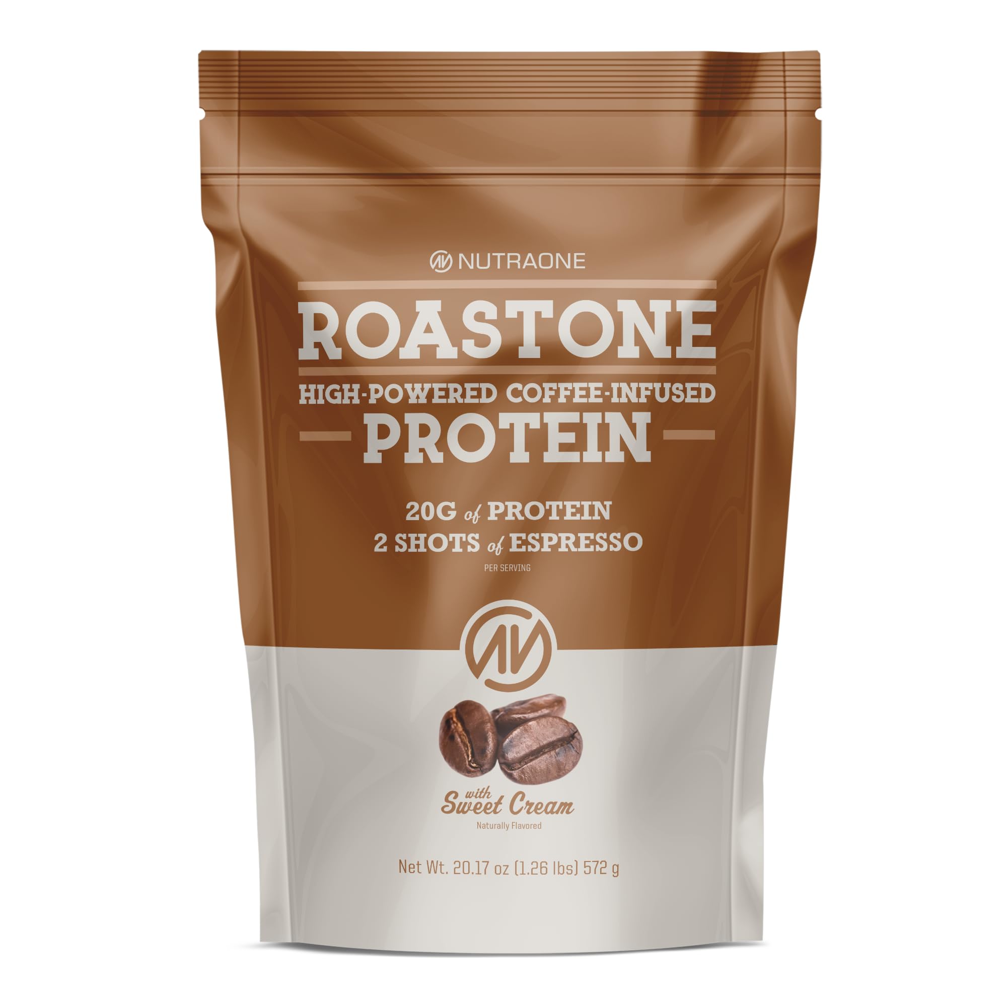 NutraOne RoastOne coffee protein powder tub with Sweet Cream flavor and protein-packed goodness.