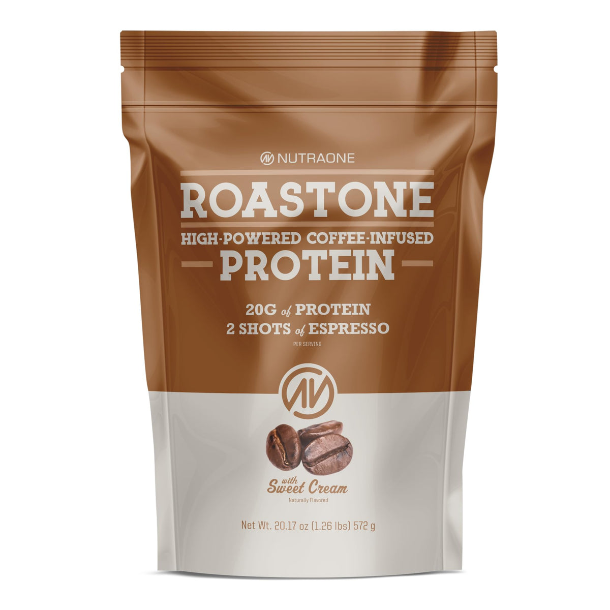 NutraOne RoastOne coffee protein powder tub with Sweet Cream flavor and protein-packed goodness.
