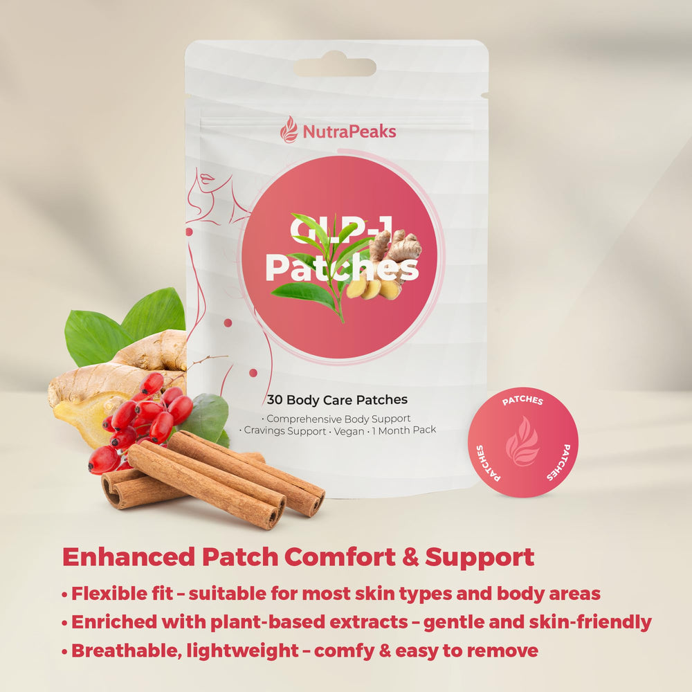 NutraPeaks GLP Patches green tea leaves symbolize refreshing energy support.