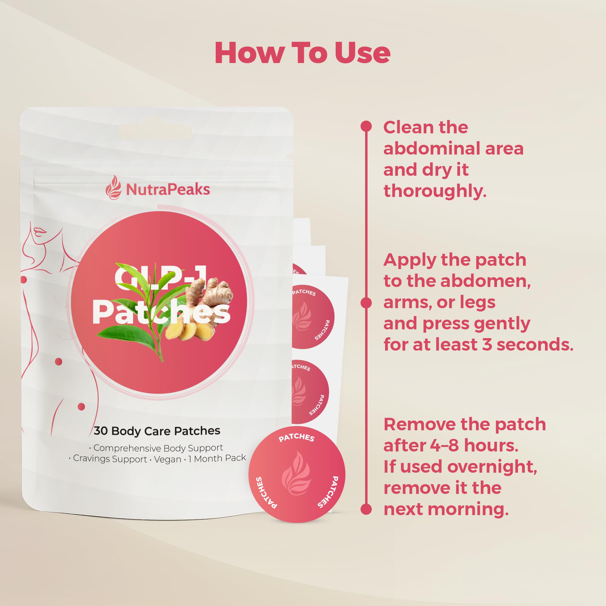 NutraPeaks GLP Patches L-glutamine layout signals recovery-friendly, plant-based wellness vibes.