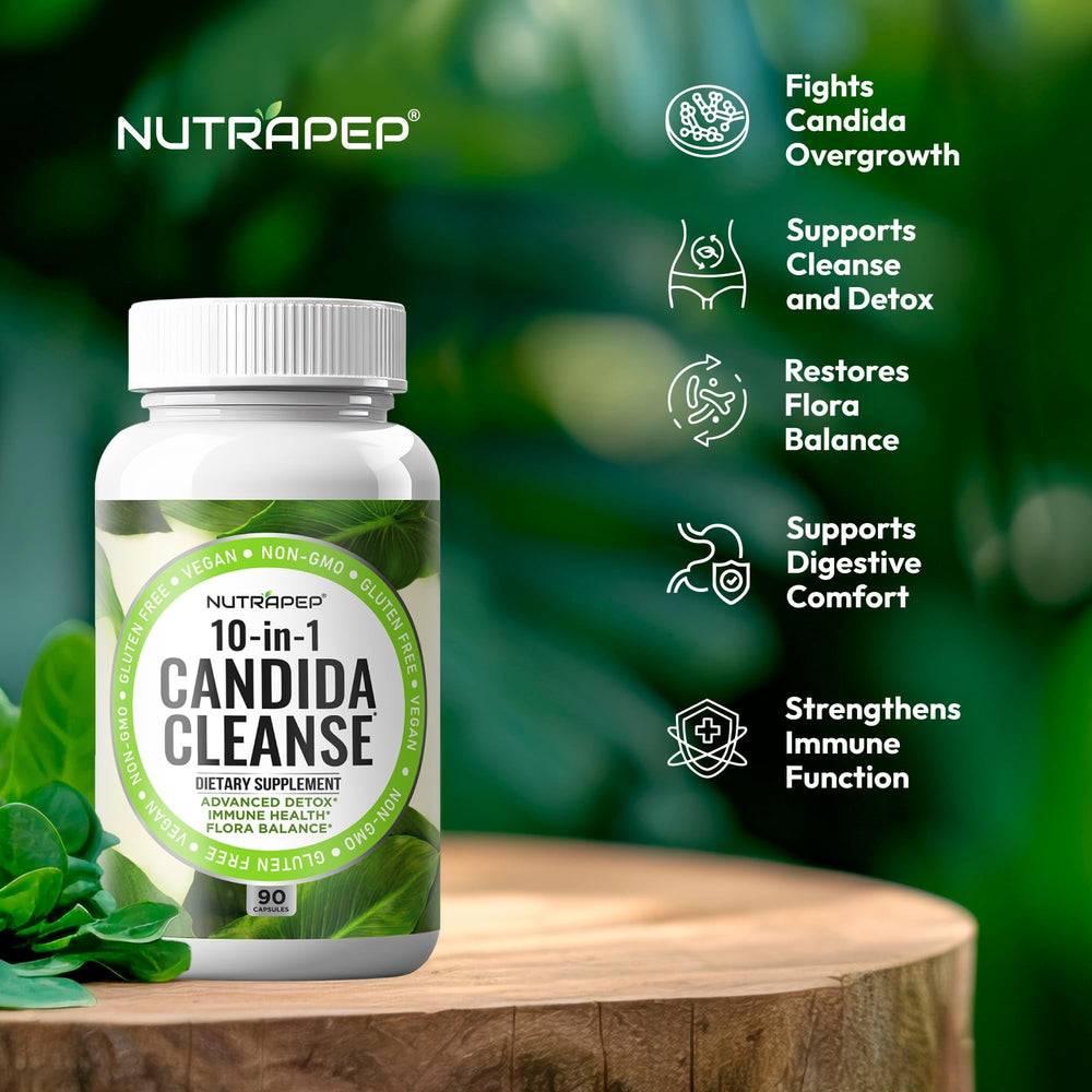 NutraPep Candida Cleanse bottle back lists ingredients for yeast balance