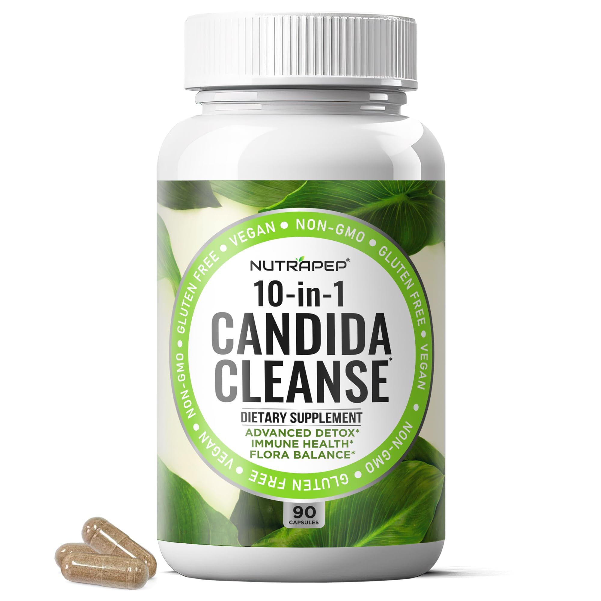NutraPep Candida Cleanse bottle front highlighting vegan detox support for gut balance