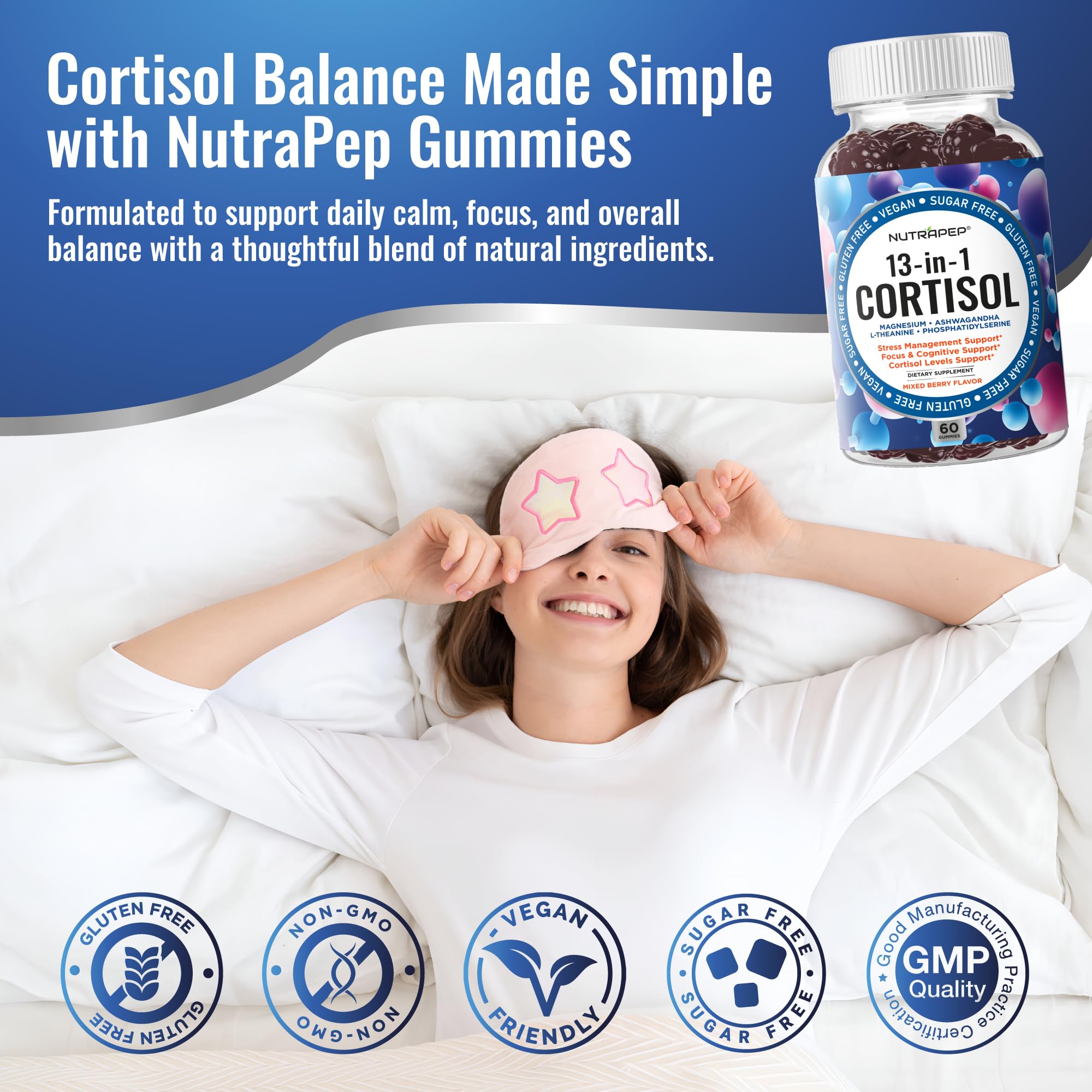 NutraPep Cortisol Gummies closeup reveals fruity texture for calm focus on the go